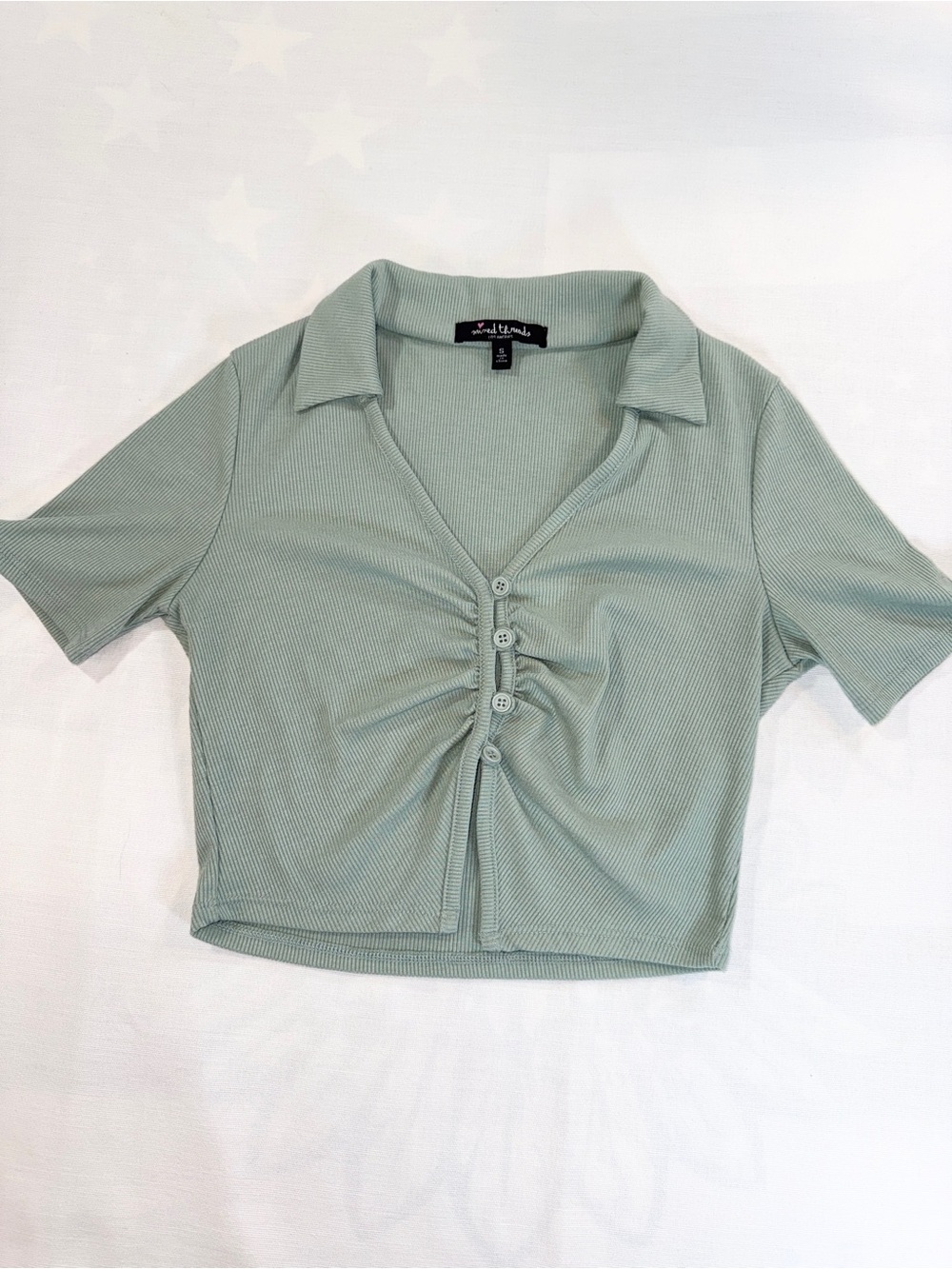Mixed Threads Sage Green Ribbed Ruched Collared Crop Top Small